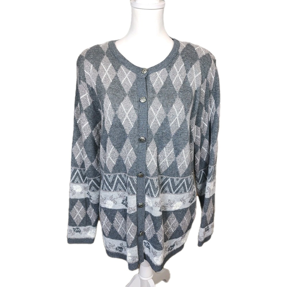 Alfred‎ Dunner Cardigan Sweater Womens Large Gray Casual Office Grandmacore VTG